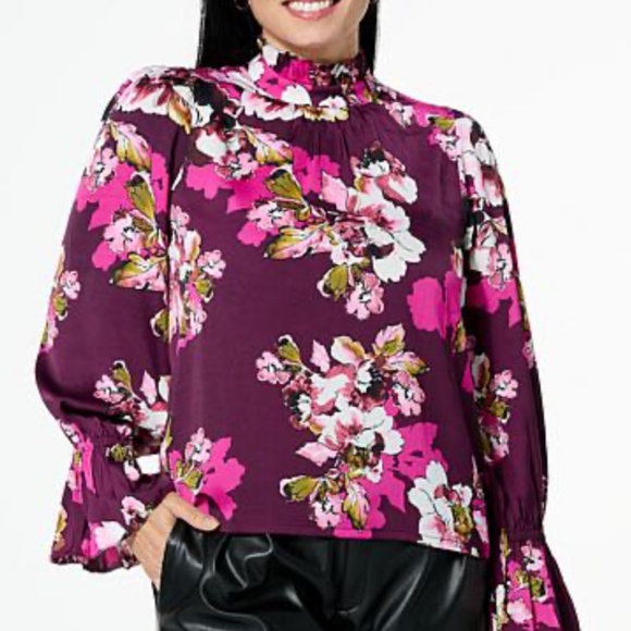 G by GIULIANA Black Label Floral Satin Ruffle Neck Top Blouse (Plus 3X) - Picture 1 of 11